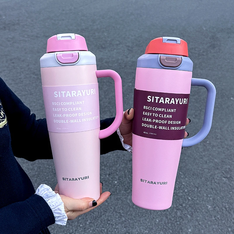 Sitarayuri Dual-Drink Insulated Tumbler 1.2L Stainless Steel Handled Cup Flip-Top Direct Sip &Amp; Straw Cup