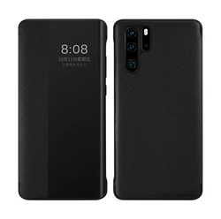 Luxury Genuine Leather Flip Cover with Window View - Shockproof and Heavy Duty Design for Huawei P30 Pro (Black)