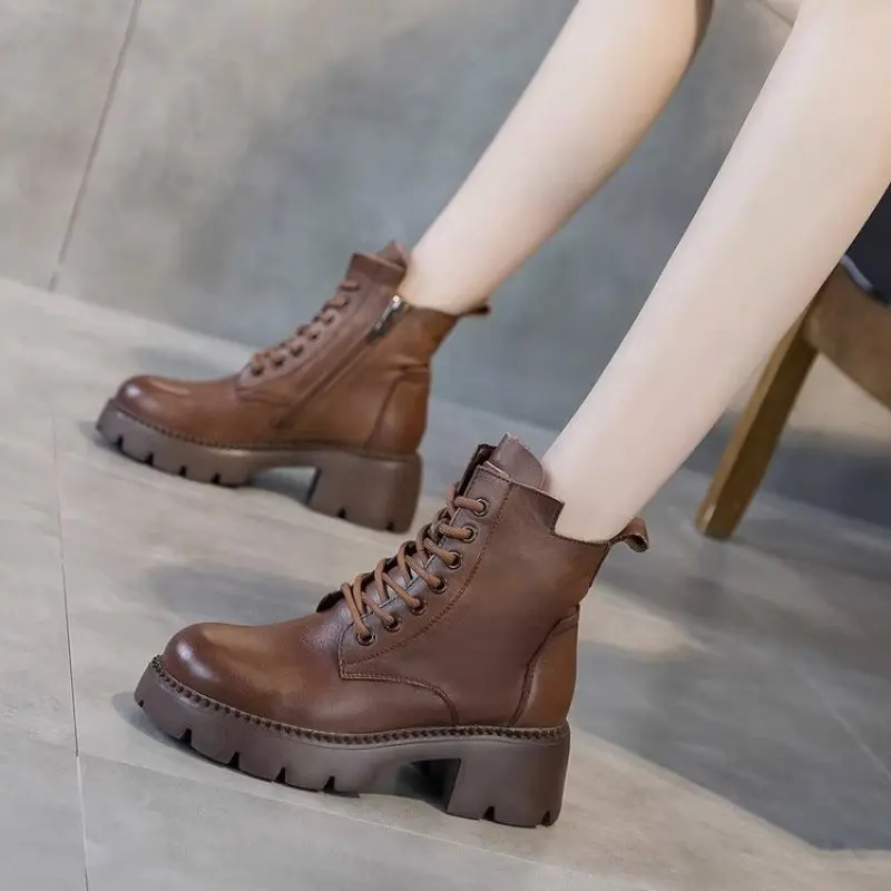Genuine Leather Shoes Women Boots Zip Round Toe Flat With Handmade Concise Leisure Sewing Platform Boots Fashion Spring and Fall