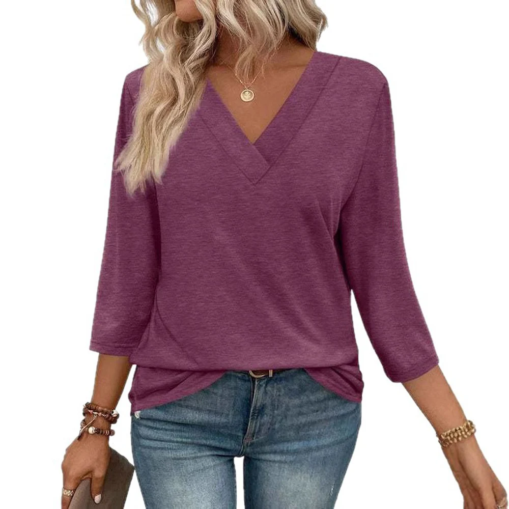 Women Long Sleeve V Neck Solid Color Loose Fit T Shirt