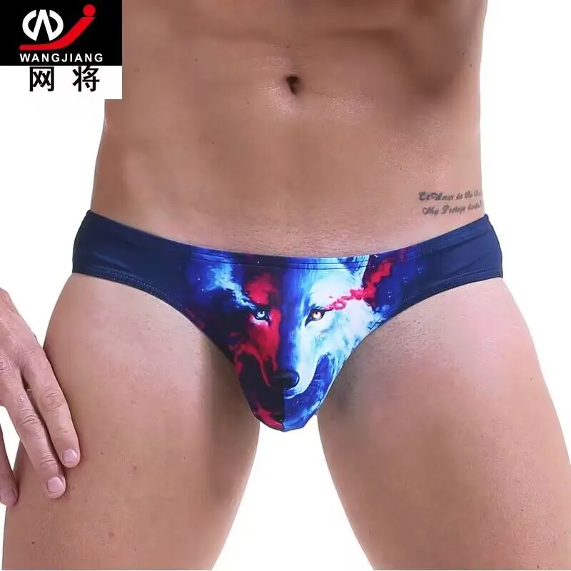 New WJ men's low-waist briefs Ice silk no trace sexy men 3d print underwear u convex design underpants