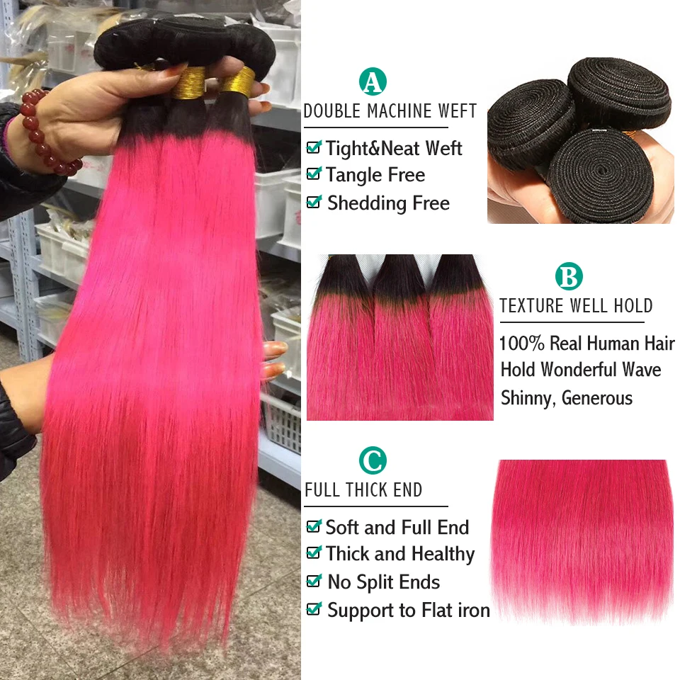 Sexay 1B Pink Human Hair Straight Weave Bundles 3/4 Pcs Brazilian Bone Straight Hair Ombre Hot Pink Human Bundles Deal