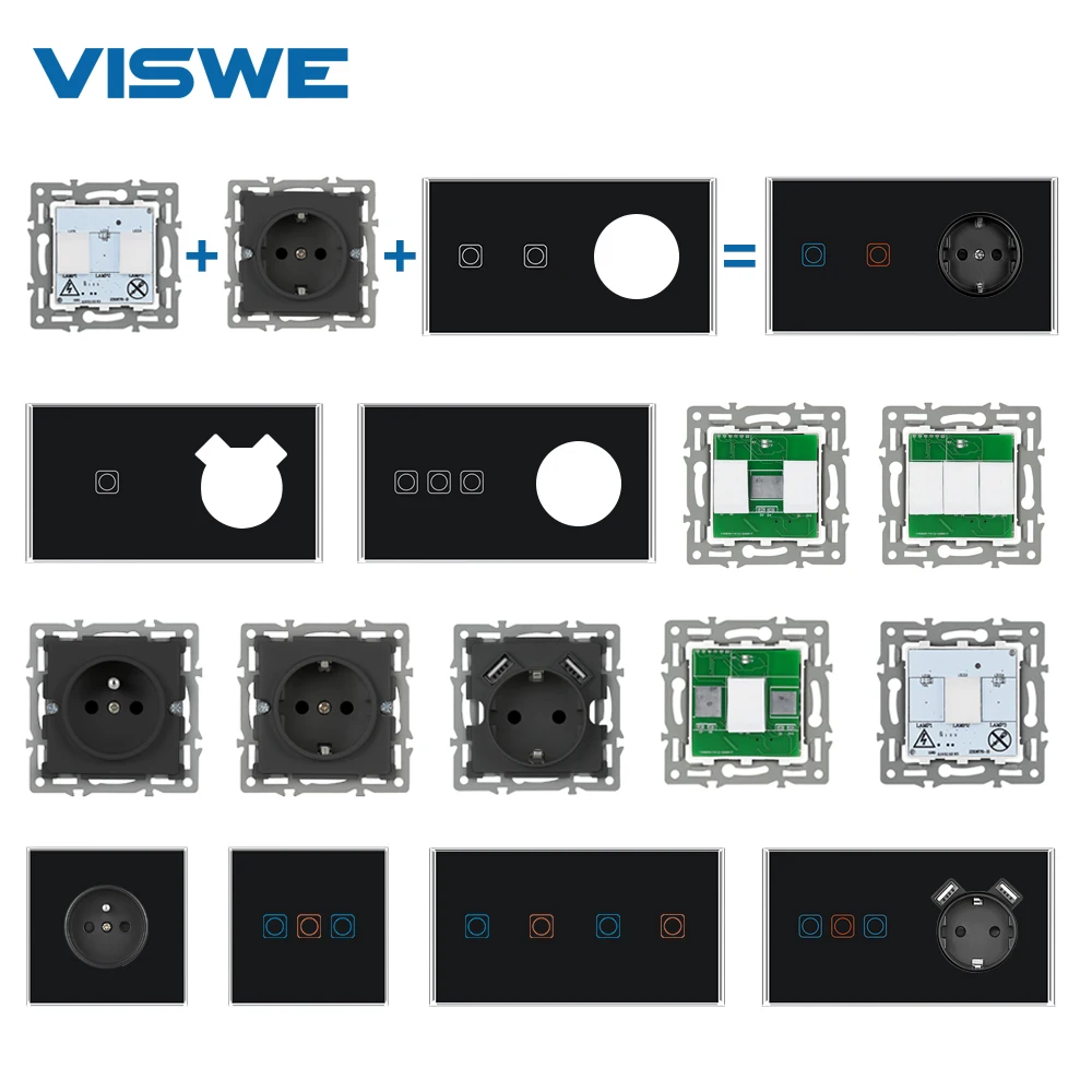 VISWE Wifi Smart Switch Function Part DIY, Full Mirror Glass Panel Black, EU Wall Power Sockets and Sensor Switch