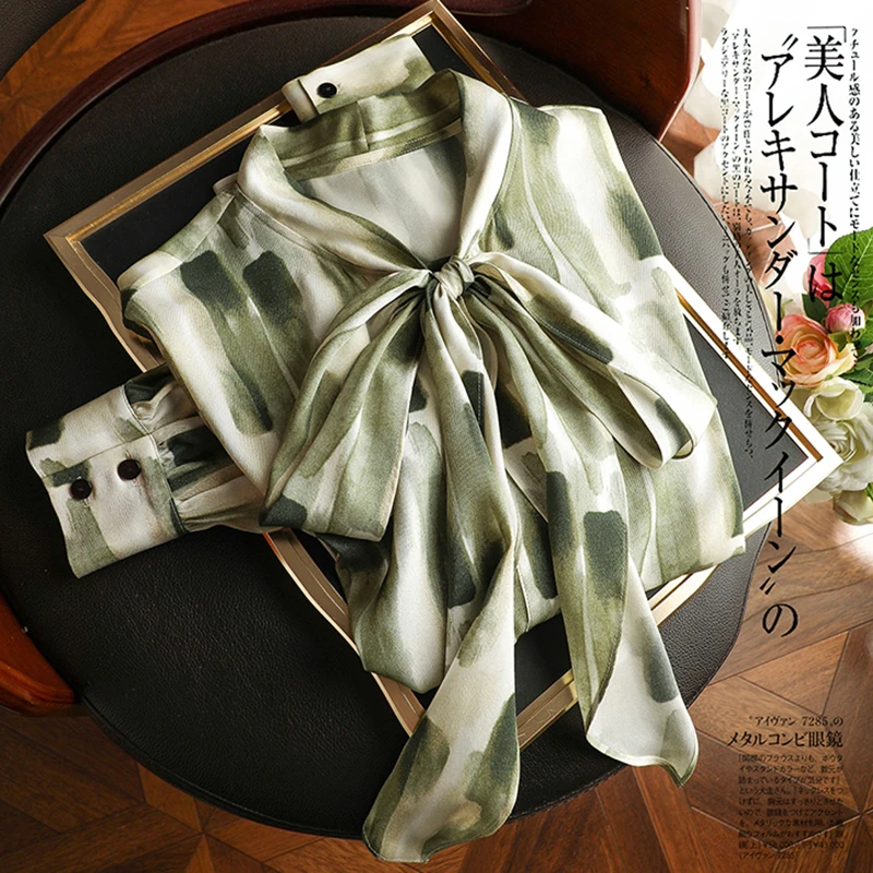 

Модная элегантная женская блузка с принтом, свободная Осенняя простая женская рубашка с длинным рукавом, офисные женские топы со шнуровкой и бантом, блузы 29964