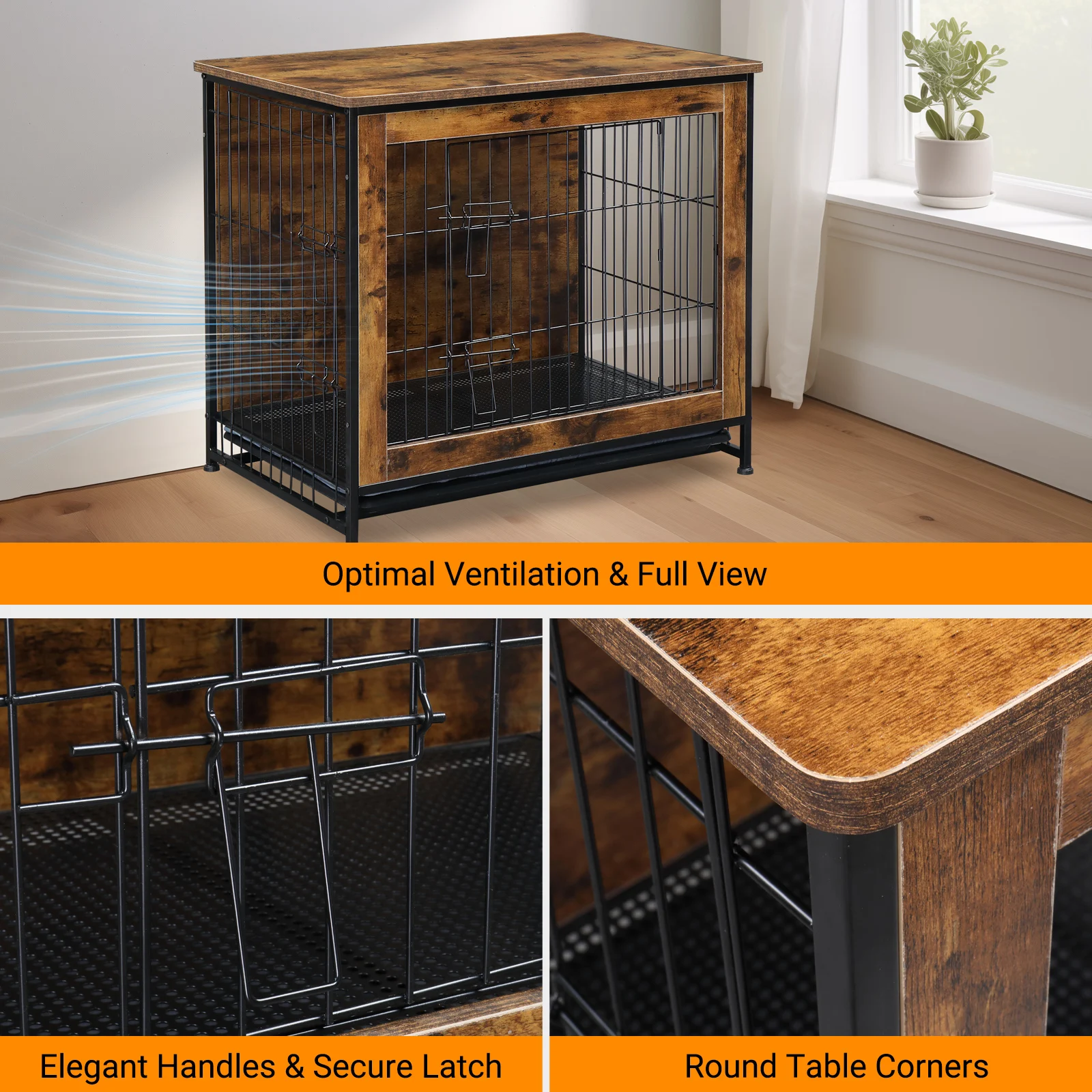 Dog&Cat Crate Furniture with Cushion, Wooden Dog Crate Table, Double Doors cat Furniture, Indoor cat Kennel, Dog House, Cage
