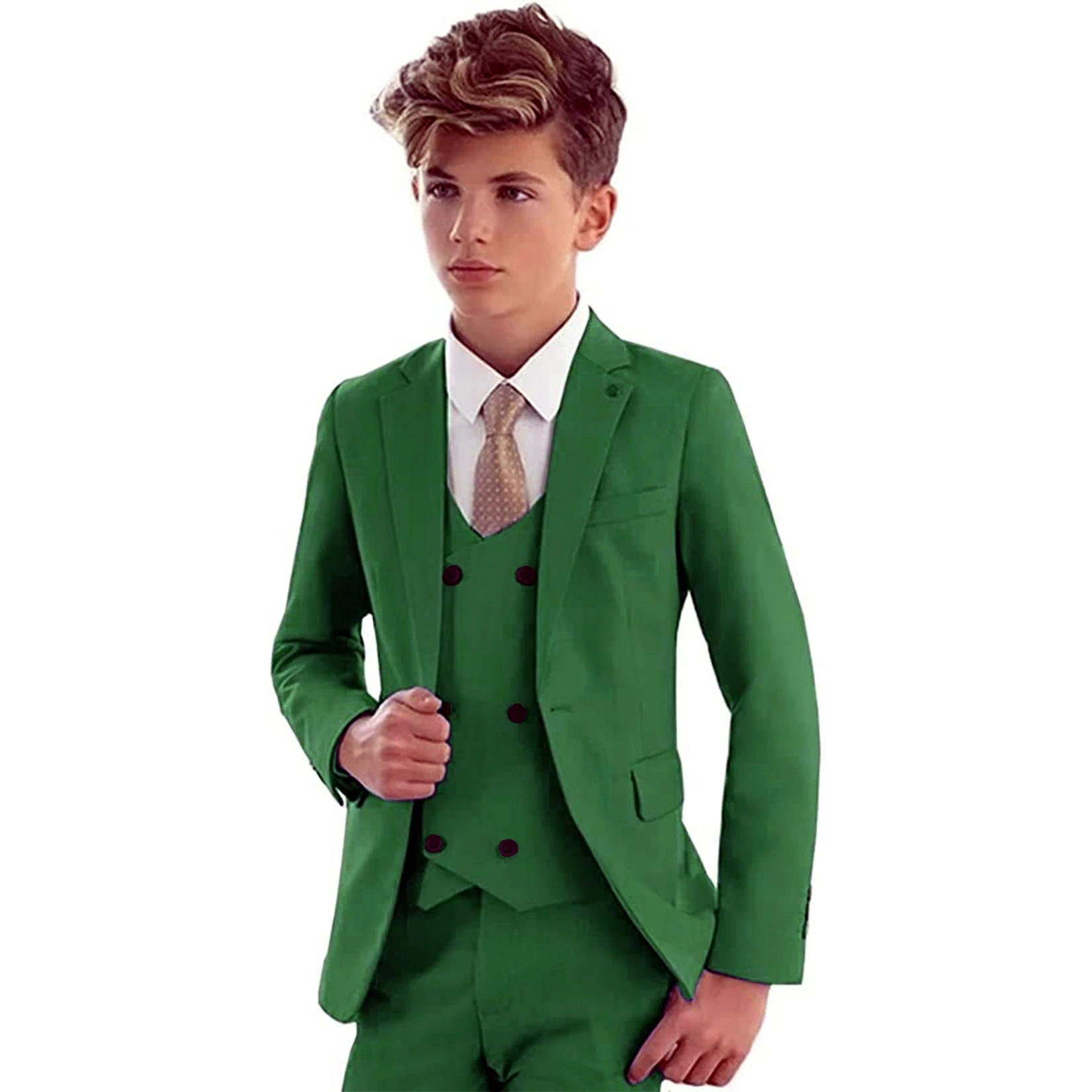 Solid 3 Piece Boys Suits for Wedding Elegant Tuxedo Kid's Blazer Vest Pants Set Notch Lapel One Button Child Prom Dress Suits