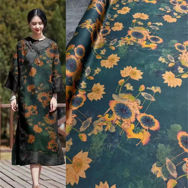

Classic Retro Chinese Style Lotus Print 26momme Fragrant Cloud Yarn High-end Shirt Dress Handmade DIY Silk Fabric Designer Satin