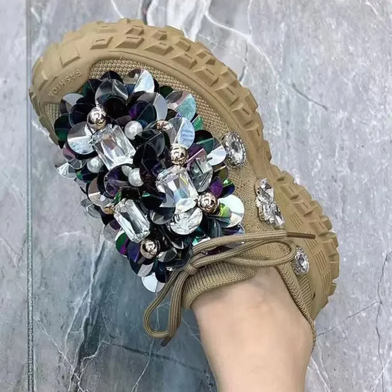 

Женские сетчатые кроссовки со стразами, лоферы, на платформе, модная блестящая повседневная обувь, кроссовки с кристаллами, для скейтбординга