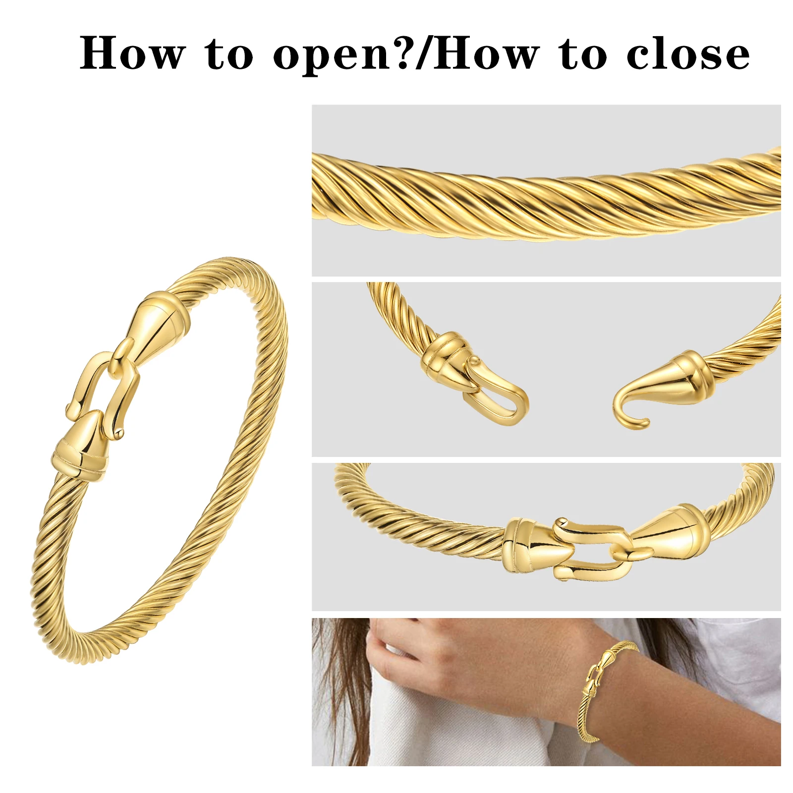 Stainless Steel Twisted Cable Wire Bracelets with Hook Clasp