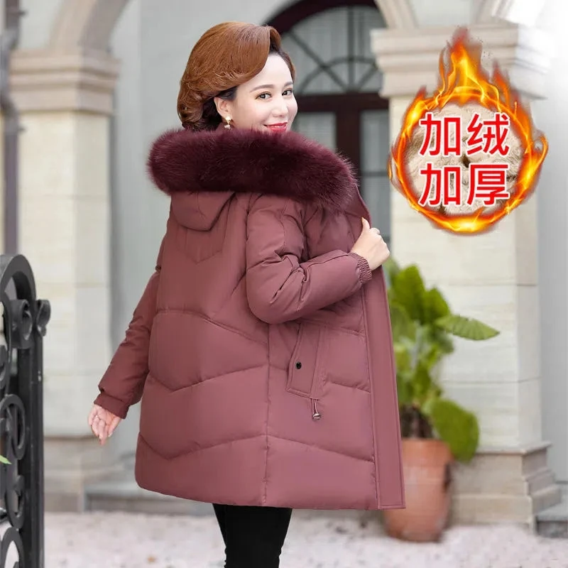 Middle Aged Elderly Women's Cotton Padded Clothes Winter Fleece Warm Parkas  Mid-Length Hooded Coat Female Winter Jacket XL-6XL - AliExpress