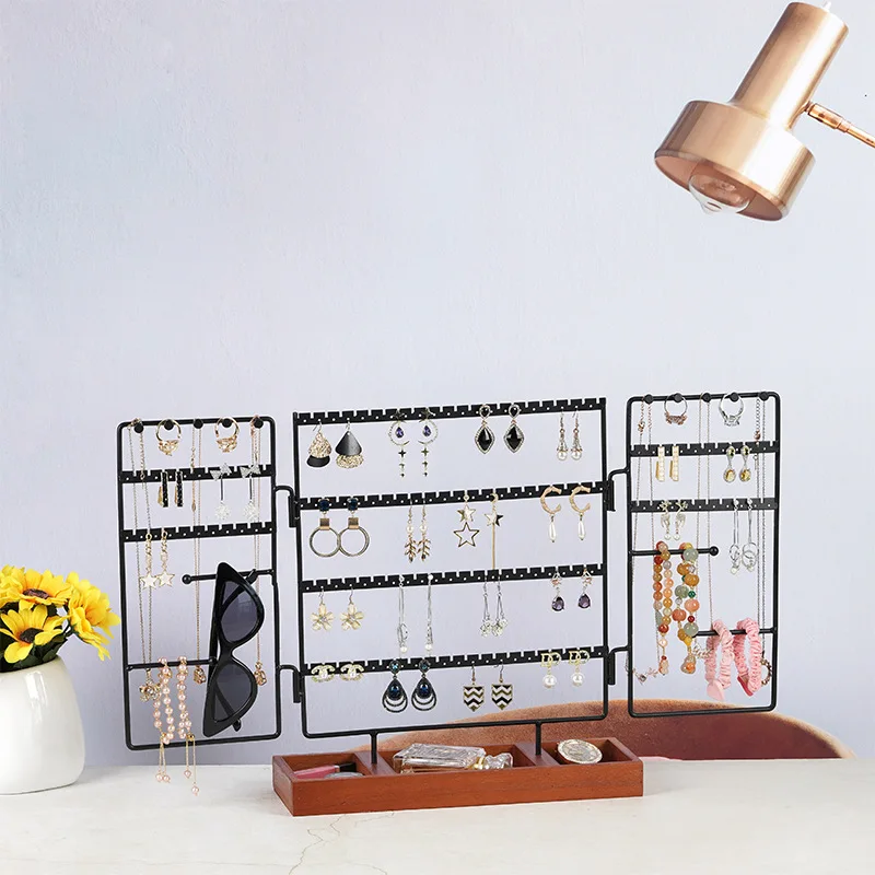 Double-Door Folding Jewelry Stand Vertical Ring Earring Storage Holder Necklace Display Stand Vanity Top Makeup Storage Box makeup brush storage box organizer holders for vanity mini brushes jewelry compartment pp pen office boxes