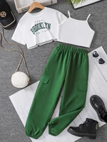 Spring/summer children’s fashion trend Girls Athleisure basic three-piece letter print T-shirt Solid color halter vest sweatpant