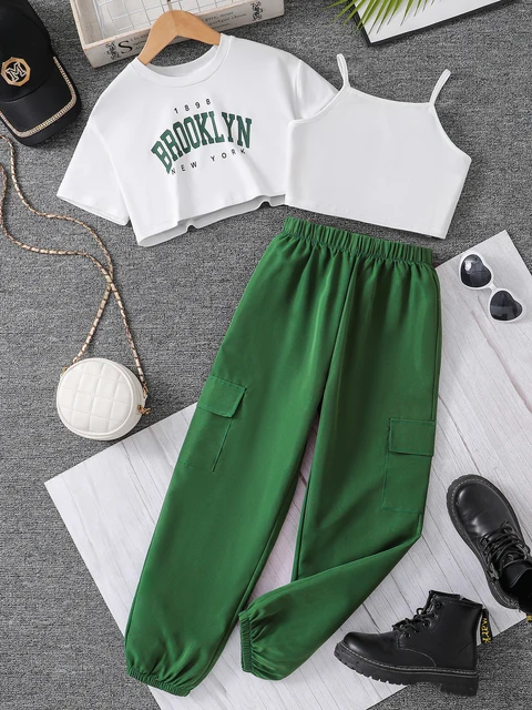 Spring/summer children's fashion trend Girls Athleisure basic three-piece letter print T-shirt Solid color halter vest sweatpant 1