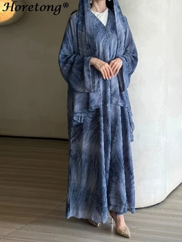 Horetong 2026 Muslim Abaya Robe Women Marble Print Chiffon V Neck Long Sleeve Loose Modest Islamic Elegant Casual Maxi Dress