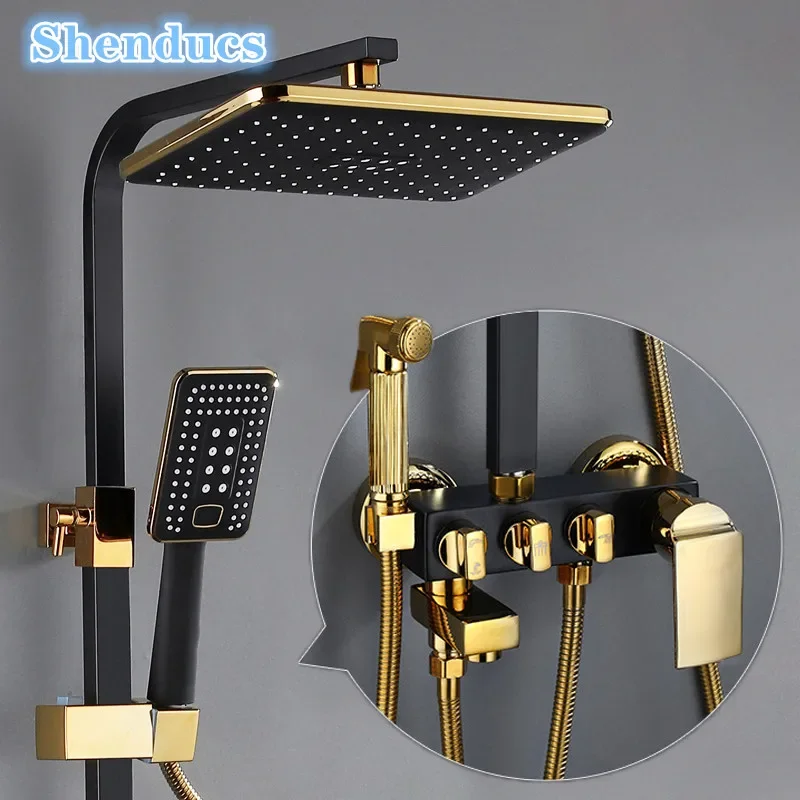 Hot Cold Bathroom Shower System 12 Inch Rain Shower Head Copper Bathroom Faucet Accessories Thermostatic Bathroom Shower Set