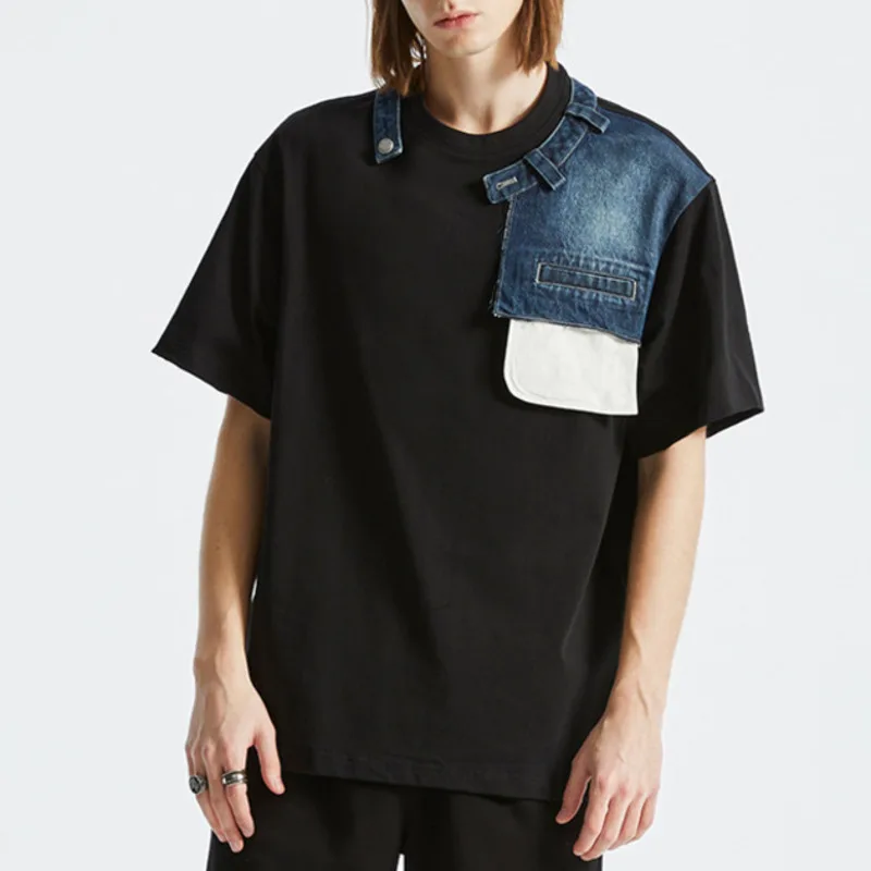 

Aesthetic Design Men F Denim Patchwork T-shirt Vintage Round Neck Casual Short Sleeve Tees Harajuku Splice Pocket Cotton Tops