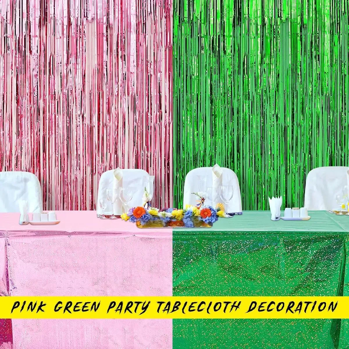 Neue Laser Rosa Grün Spleißen Magie Thema Party Dekoration Rosa Grün Hintergrund Rainsilk Vorhang Tischdecke Set