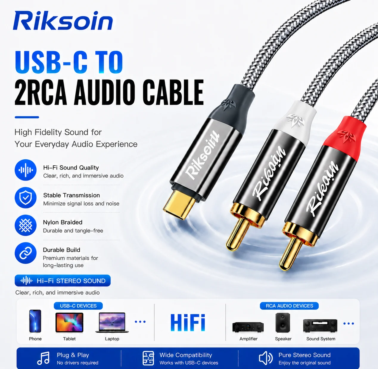 Premium USB C to RCA Audio Cable with DAC for High-Quality Sound Output