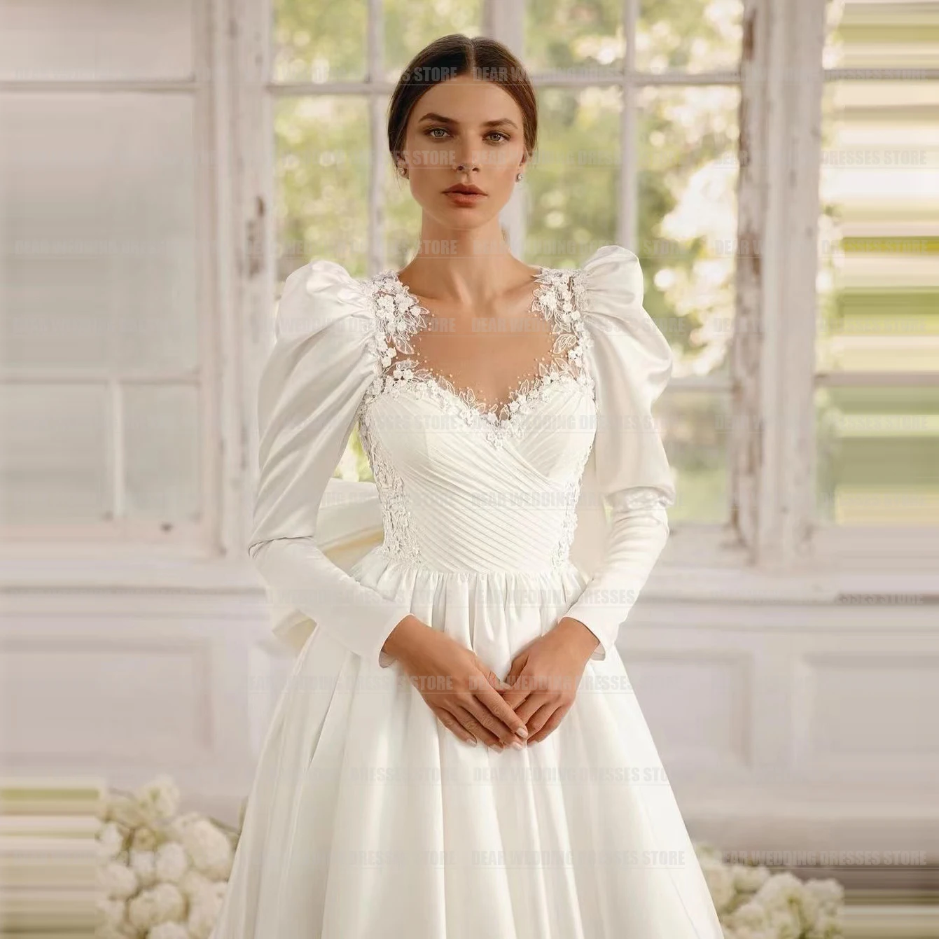

Luxurious Gentle Wedding Dresses For Woman A Line Glitter Sweetheart Formal Long Sleeve Party Bride Gowns Vestidos De Fiesta
