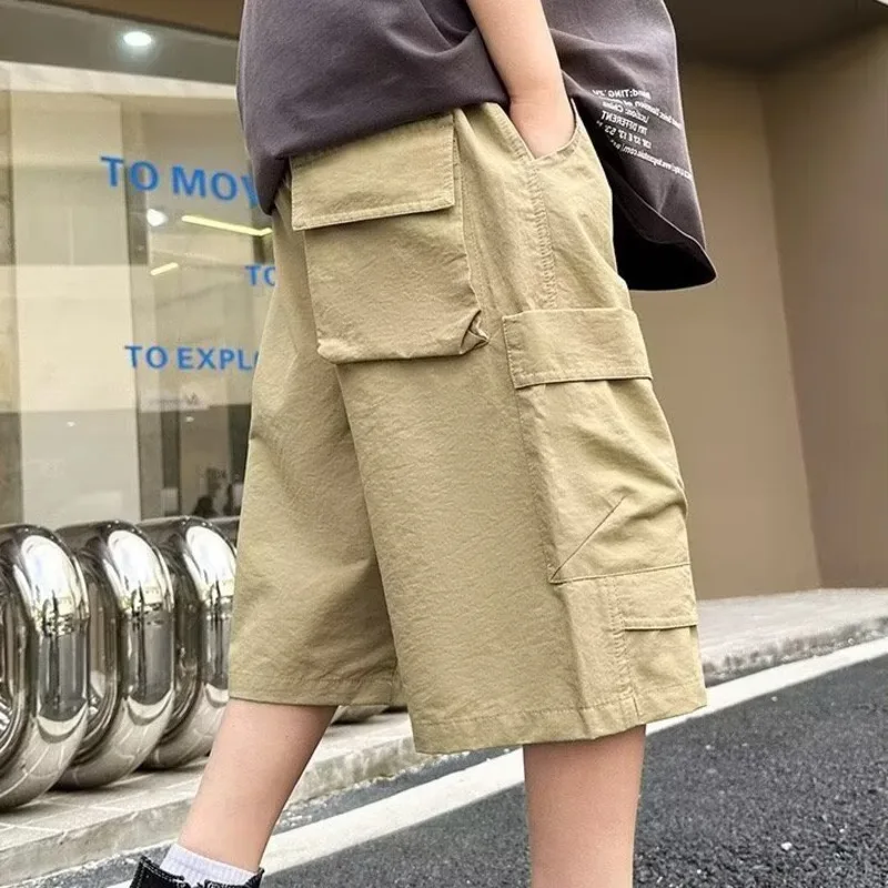 남녀공용 통기성 작업복 바지, 얇은 스타일, 미드 투 라지, 캐주얼 와이드 레그 반바지, 여름 신상