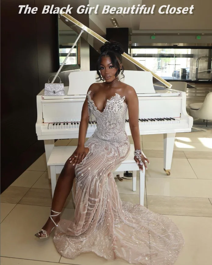 formal dresses with bling Silver Beaded Sequin Court Train Sleeveless Prom This style works well if you want waist definition with a sleek lower silhouette evening dresses long sparkly luxury