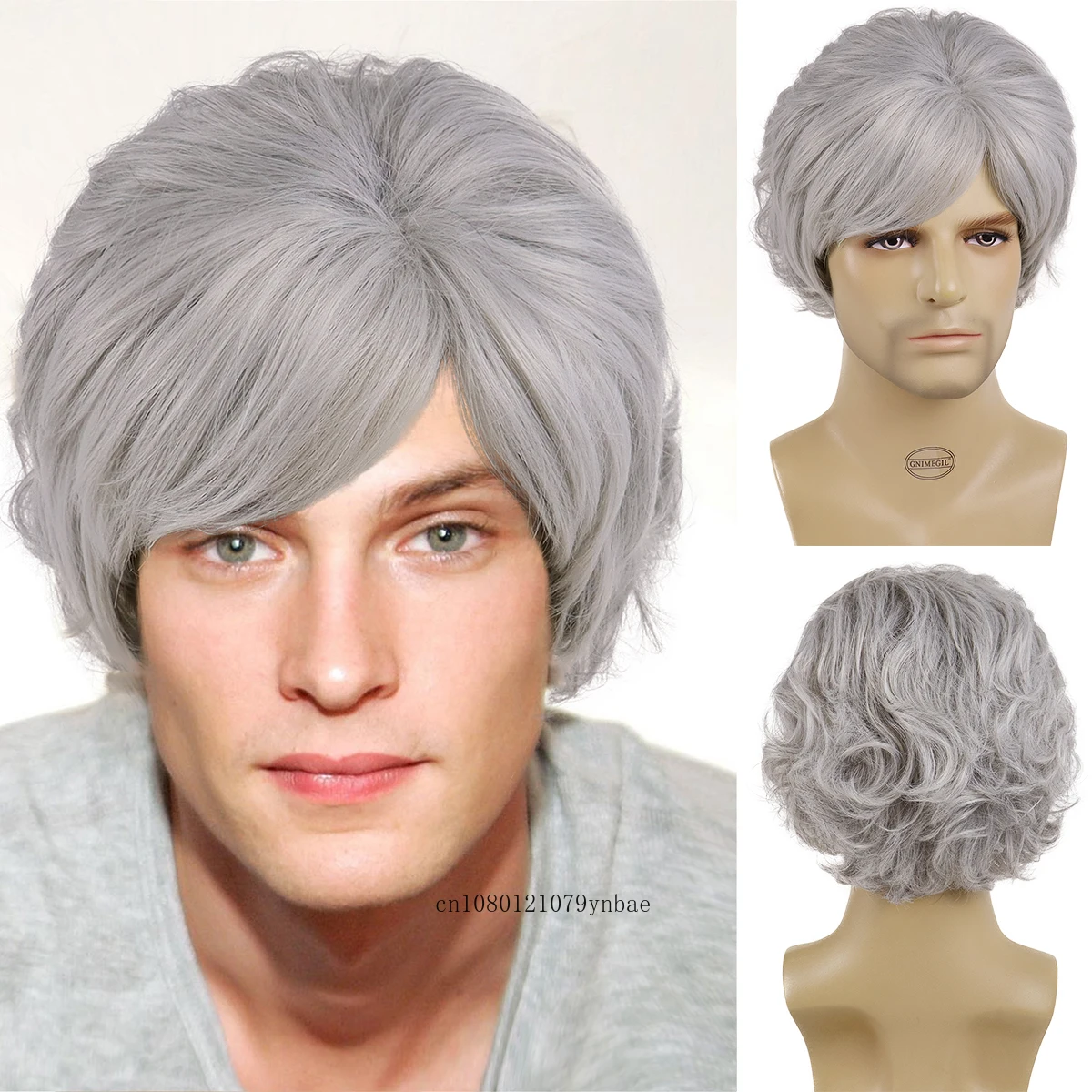 Peruca curta gradiente de cor com Franja para homens, perucas cinza ombre, cabelo sintético, peruca velha, penteados naturais, cosplay diário, casual