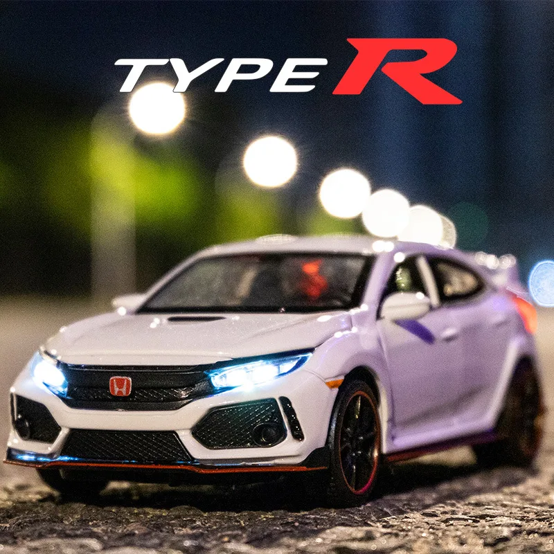 1/32 Honda Civic Type R Toy Car For Children Diecast Miniature Model Pull Back Doors Openable Sound Light Collection Gift Boys 4
