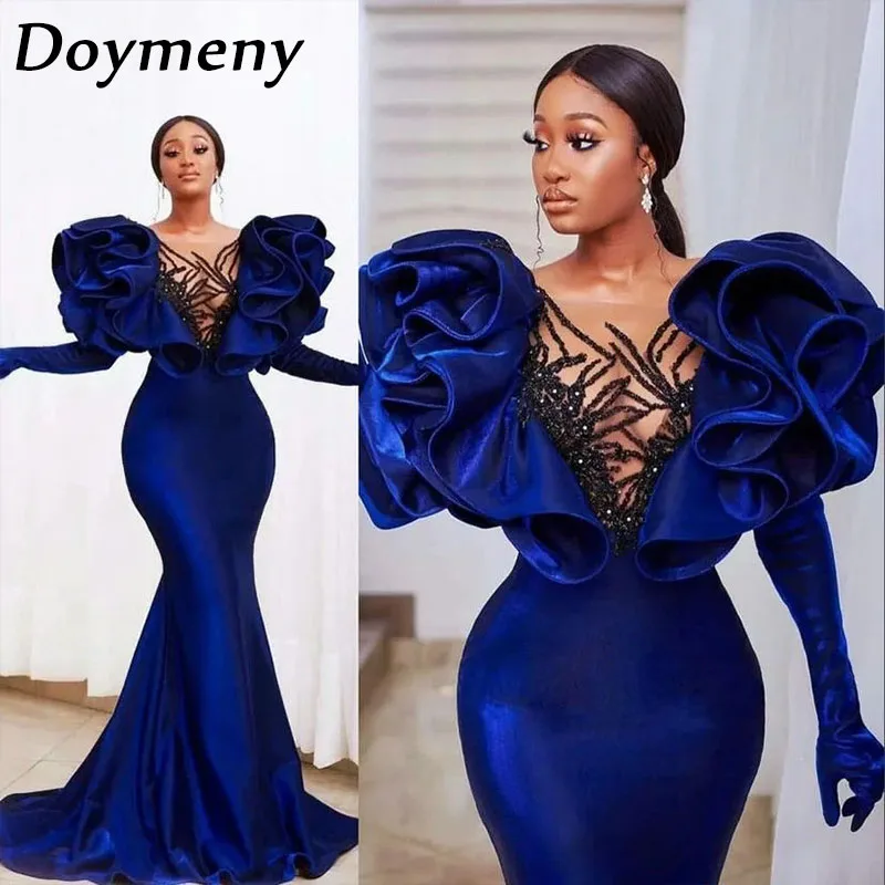 

Doymeny Luxury Prom Dress Beaded Puffy Sleeve O-neck Ruffle Mermaid Cocktail Formal Party Evening Gownفساتين السهرةvestidos gala