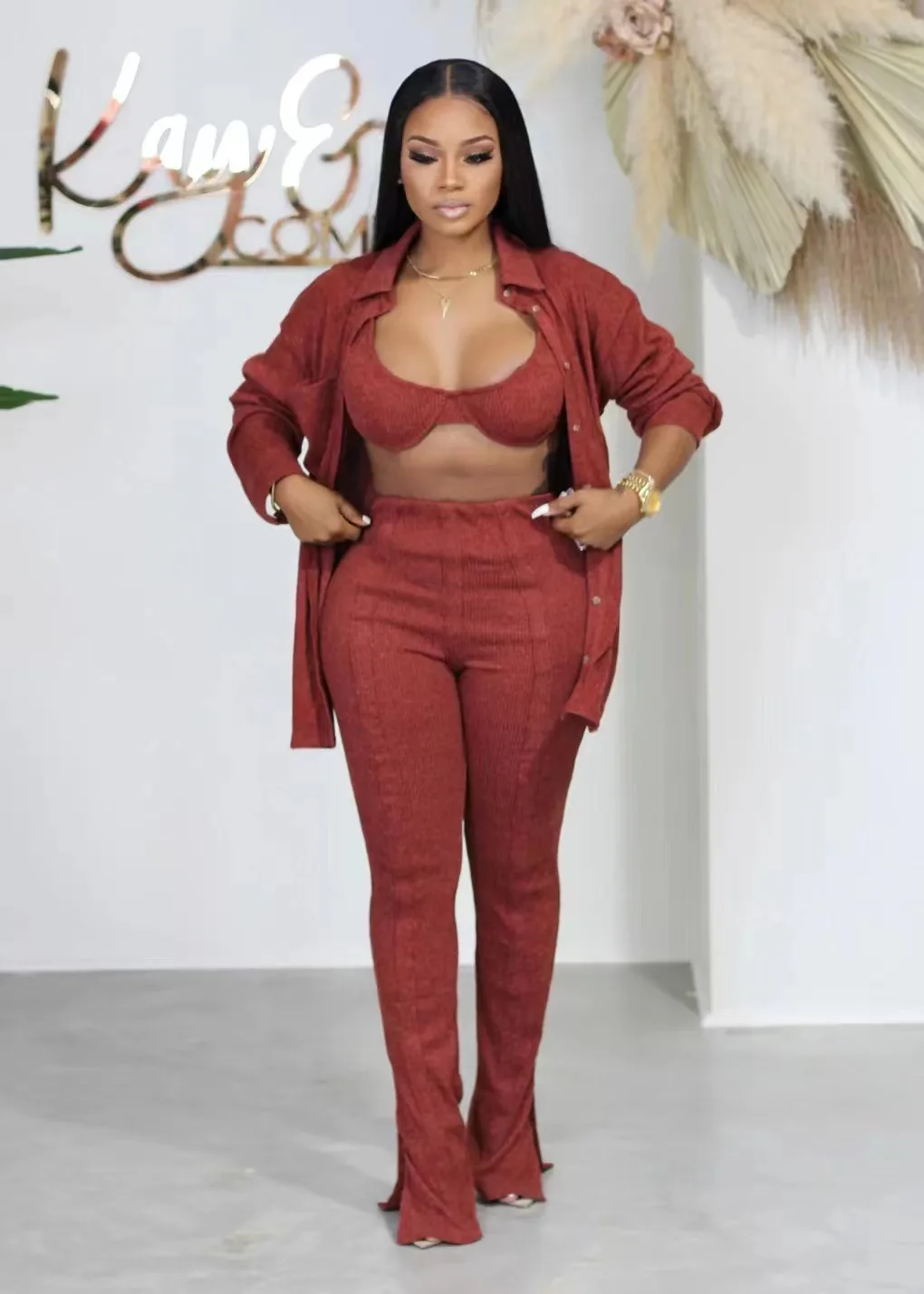 

Casual Women Sexy 3 Piece Outfits Knitted Button Front Cardigan Triangle Bra Drawstring Split Hem Pants Sets With Pocket 2022