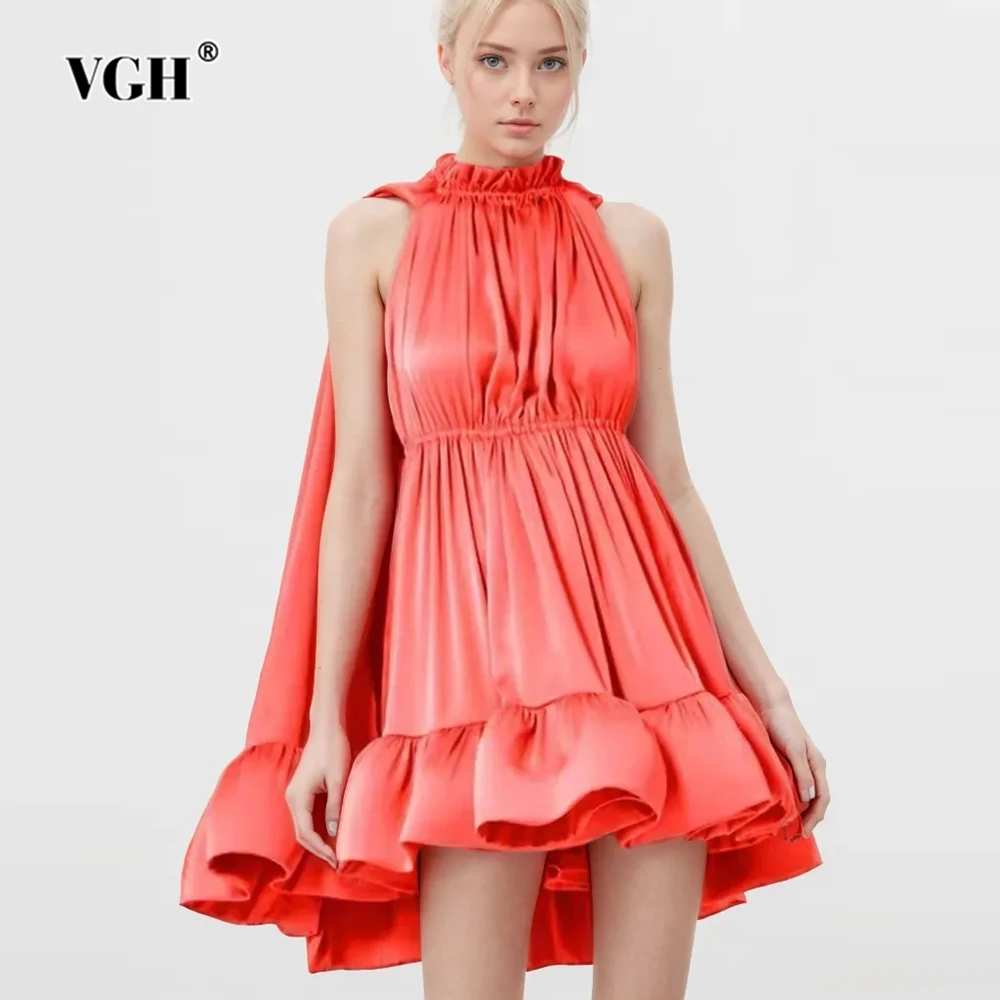 

VGH Solid Patchwork Folds Temperament Dress For Women Stand Collar Sleeveless High Waist Spliced Ruffle Hem Elegant Dress Female