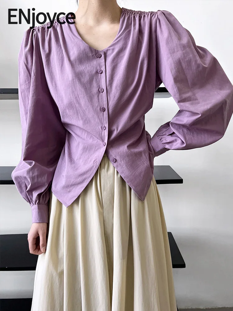 

ENjoyce 2023 Autumn Vintage Long Sleeve Purple Shirts Ladies Elegant Korean Style Clothing Workwear Pullovers Blouses and Tops