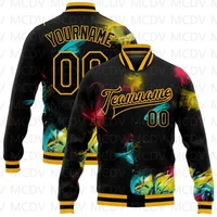 Custom Black-Old Gold Varsity Bomber Jacket | 3D Tiger & Peacock Design Full-Snap Letterman Coat - Image 6
