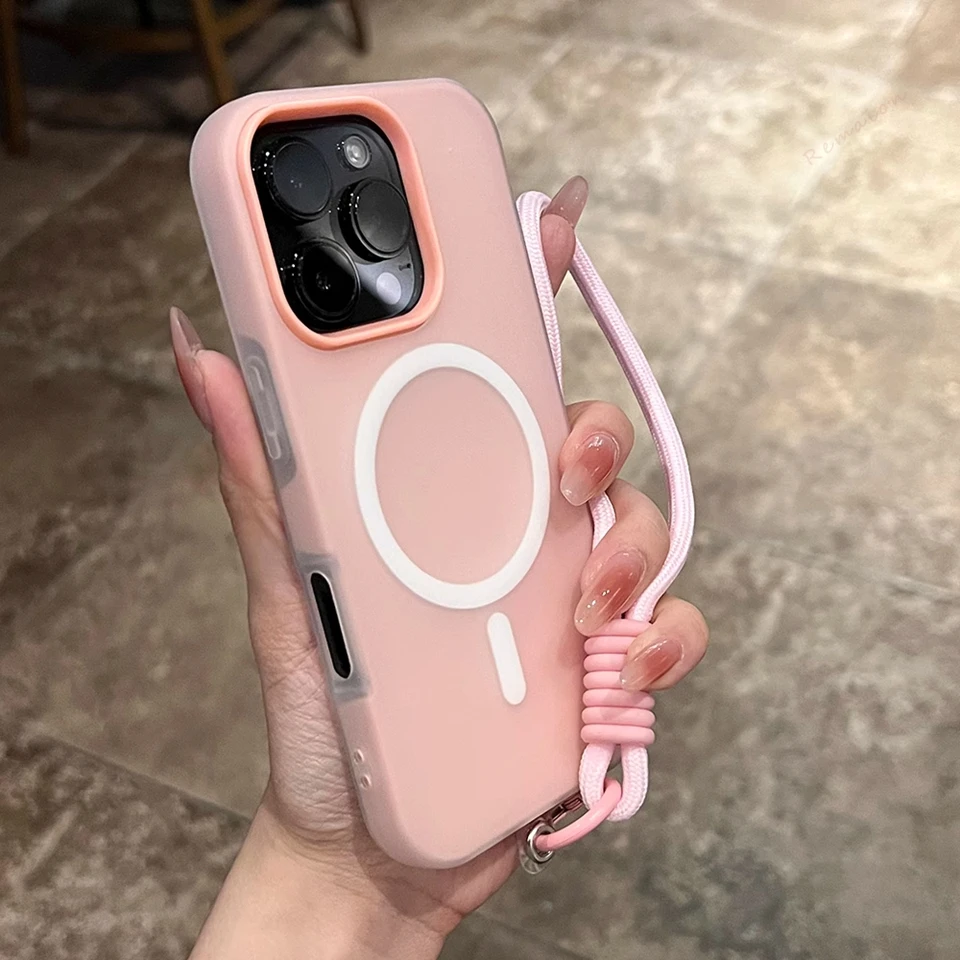 Magnetic Wrist Strap Phone Case with Lanyard - Matte Protector & Wireless Charging Compatible