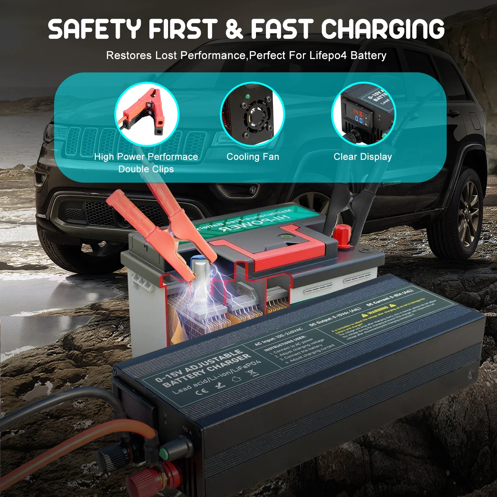 Lifepo4 Charger Power 12V 60A 100Ah Lithium Battery Charger Current /Voltage Adjustable Solar System Battery Power Accessories 5