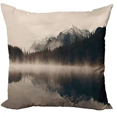 Short Plush Cushion Cover, Snow Mountain Forest Natural Outdoor Landscape Pattern Printed Pillowcase 45x45 pillow case