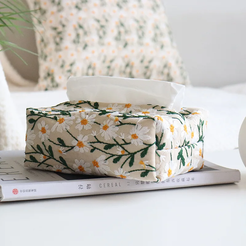 Daisy Tissue Box Living Room Home Coffee Table Paper Drawer New Chinese Napkin Box Set Embroidered Flowers Car Tissue Box 2