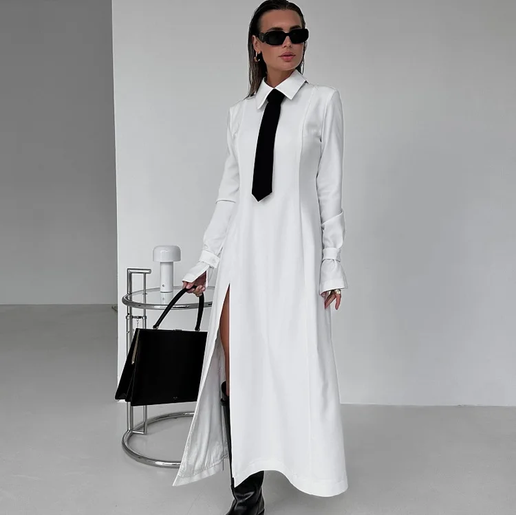 

Women's Clothing 2024 Early Spring New Temperament College Style Lapel Sleeved Slit Dress Tie Long Skirt