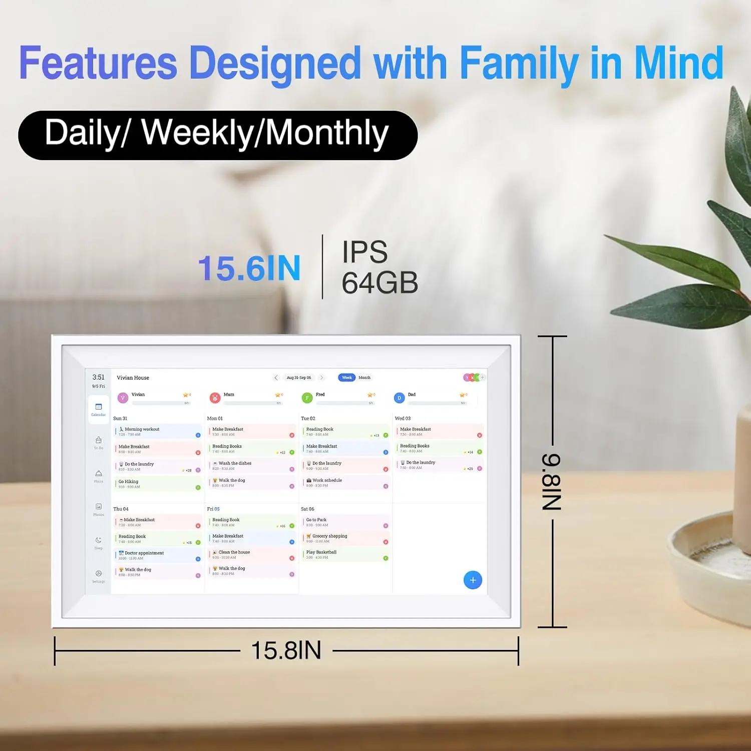 Digital Calendar 15.6 inch Wall Calendar Planner with Touch Screen, Electronic Calendars for Family Organizer, Smart Chore Chart