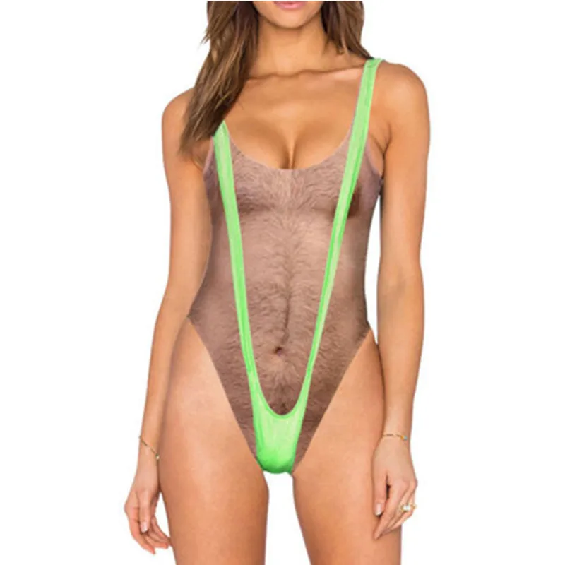 2024new-women's-faux-chest-hair-jumpsuit-skin-tone-bikini-swimsuit