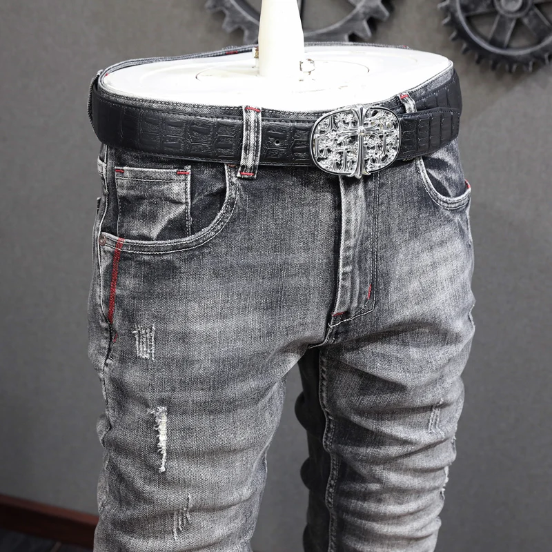 Italian Style Fashion Men Jeans Retro Black Gray Elastic Slim Fit Ripped Jeans Men Red Line Designer Vintage Denim Pants Hombre