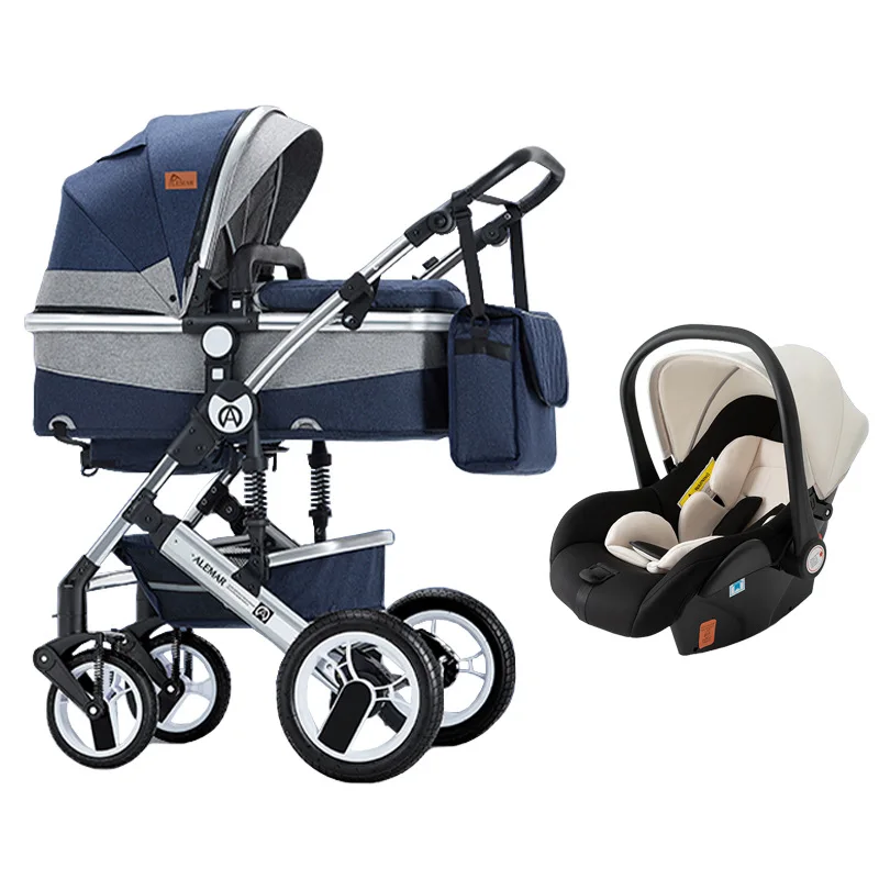 Baby Strollers 3 in 1 can Sit and Lie Down Two-way Push Shock-absorbing Folding High Landscape Newborn Pram with Carrycot