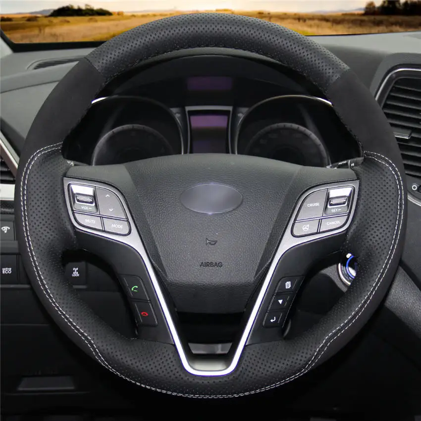 

Black Genuine Leather Black Suede Car Steering Wheel Cover For Hyundai Santa Fe Grand Santa Fe H350 2012-2019 Car Accessories