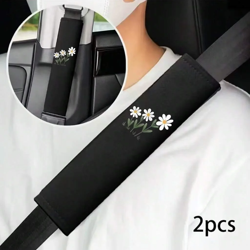 2PCS 세 개의 작은 데이지 패턴 카시트 벨트 커버 - 빠른 설치 및 분해, 안전하고 세련된 디자인, 범용