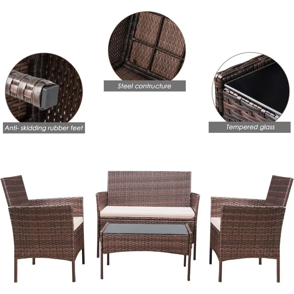 Patio Furniture Sets Outdoor Indoor Use  Backyard Porch Garden Sets Clearance Brown and Beige 4 Pieces Furniture Easy Assembly 4