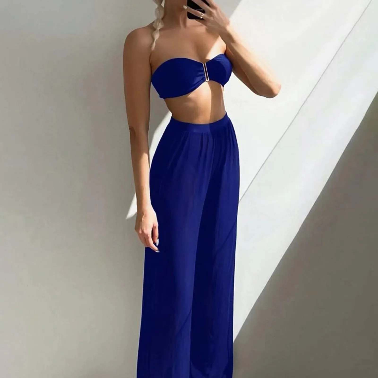 2024 Woman Sexy Strapless Swimsuits Solid Bikinis Set 3 Pieces Backless Swimsuit Strapless Bra Top High Cut Pants Ropa De Mujer