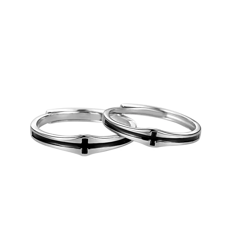 

Authentic 925 Sterling Silver Rings Simple Retro Eternal Cross Glaze Adjustable Lovers Open Ring For Wedding Party Jewelry Gift