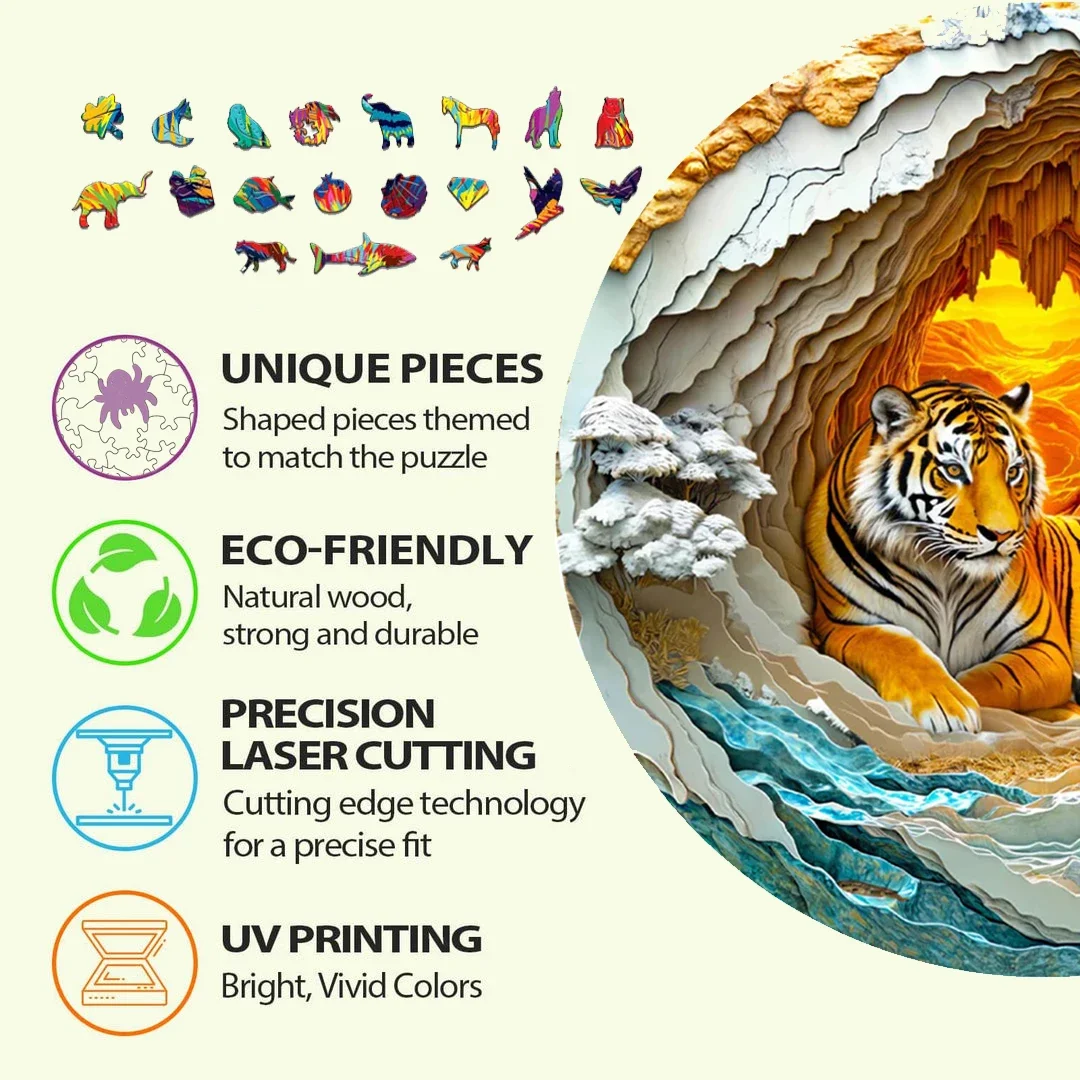 3D Vision Tiger Wooden Puzzles for Adults and Kids, Brightly Colored Unique Shaped Animal Wood Puzzles toys christmas gift 2