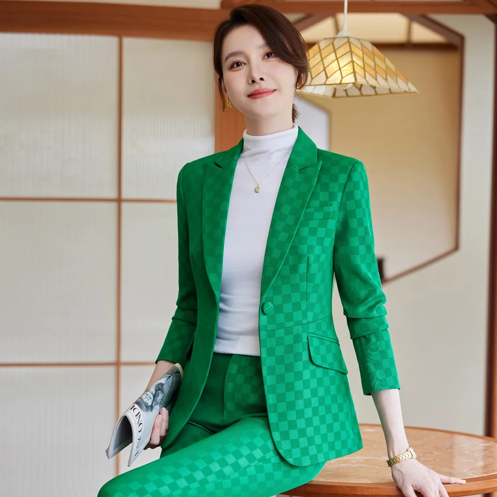 Tesco Formal Women Pantsuit Lapel Blazer Flare Pants Plaid Suit Set for Office Lady Women's Sets For Commuter Party blazer mujer