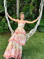 Elegant Ruffles Layer Printed Cake Maxi Dresses for Women 2024 Summer Vacation Backless Print Dress Ladies Streetwear 1
