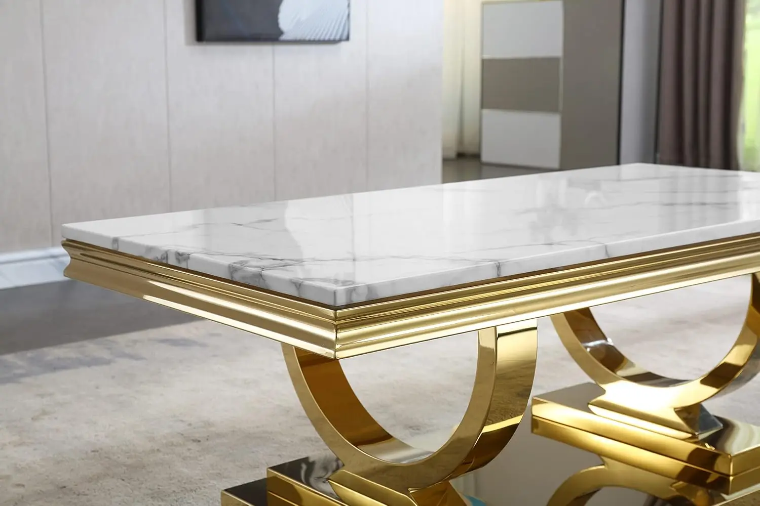 Modern Marble Coffee Table, Rectangular White and Gold Marble Tea Table for Living Room (Gold) 3